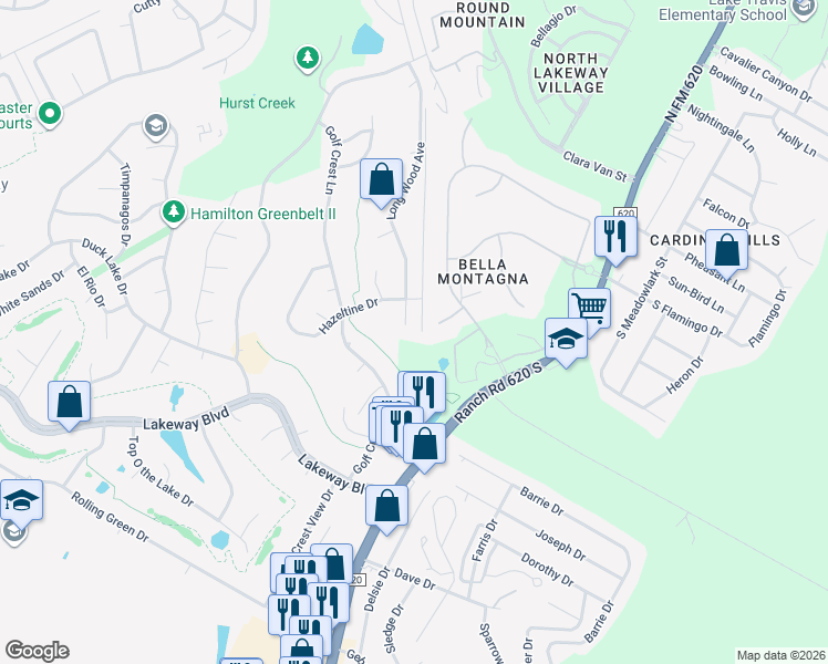 map of restaurants, bars, coffee shops, grocery stores, and more near 107 Long Wood Cove in Lakeway