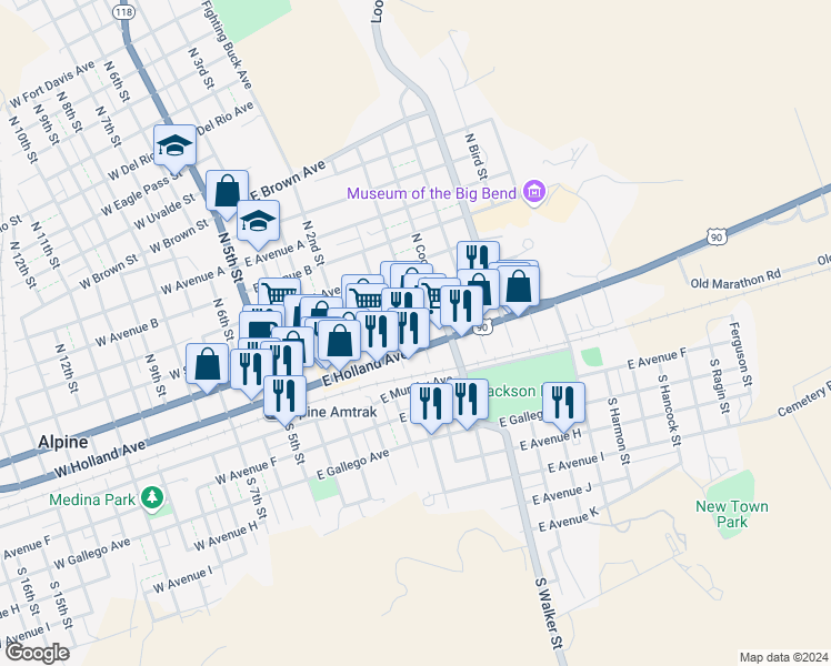 map of restaurants, bars, coffee shops, grocery stores, and more near 105 North Phelps Street in Alpine