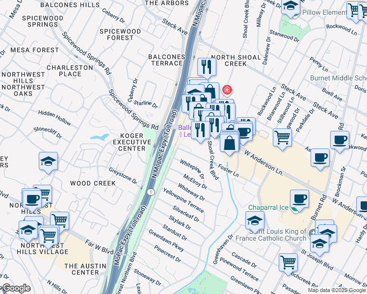 map of restaurants, bars, coffee shops, grocery stores, and more near 3318 Foster Lane in Austin