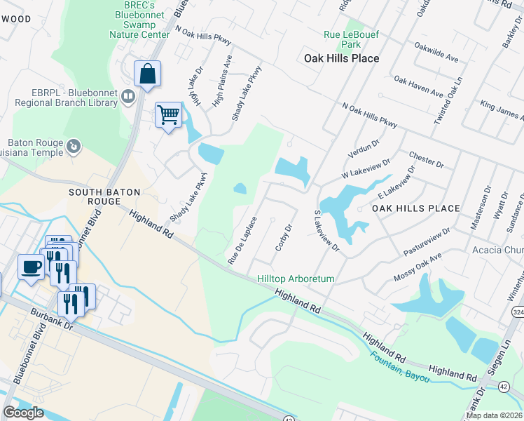 map of restaurants, bars, coffee shops, grocery stores, and more near 11558 Rue Villantray in Baton Rouge