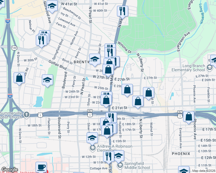 map of restaurants, bars, coffee shops, grocery stores, and more near 25 West 25th Street in Jacksonville