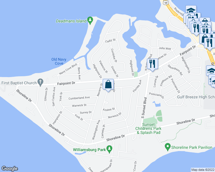 map of restaurants, bars, coffee shops, grocery stores, and more near 176 Camelia Street in Gulf Breeze