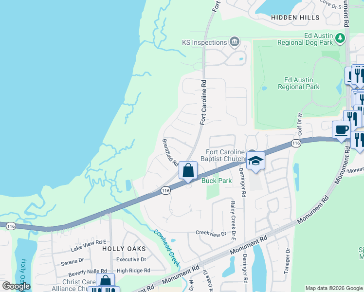 map of restaurants, bars, coffee shops, grocery stores, and more near 10954 Heathfield Road in Jacksonville