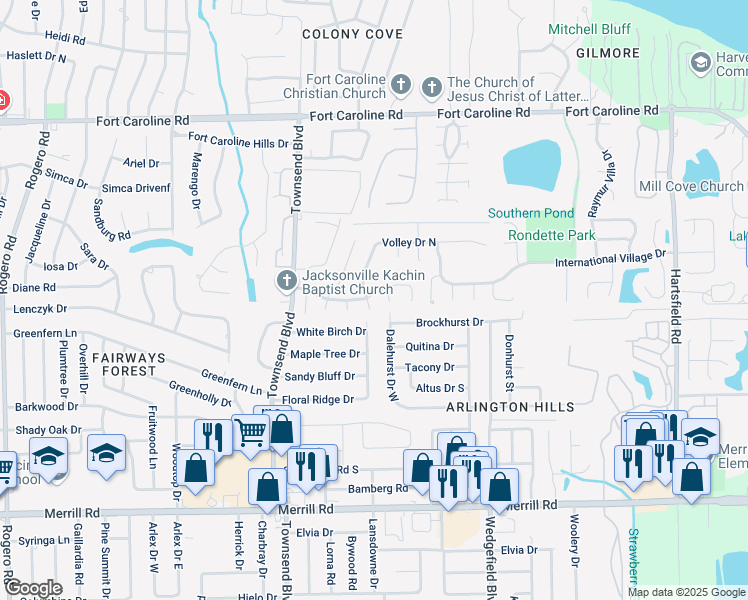 map of restaurants, bars, coffee shops, grocery stores, and more near 3308 Volley Drive in Jacksonville