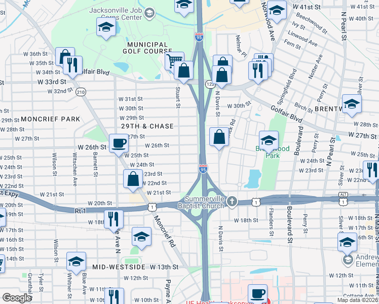 map of restaurants, bars, coffee shops, grocery stores, and more near 3517 Stuart Street in Jacksonville