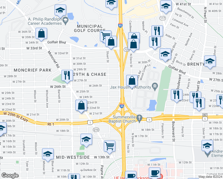 map of restaurants, bars, coffee shops, grocery stores, and more near 3517 Stuart Street in Jacksonville