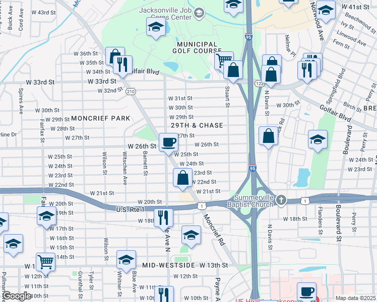 map of restaurants, bars, coffee shops, grocery stores, and more near 1196 West 26th Street in Jacksonville