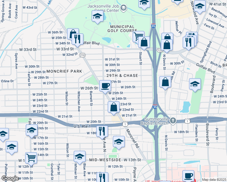 map of restaurants, bars, coffee shops, grocery stores, and more near 1266 West 26th Street in Jacksonville