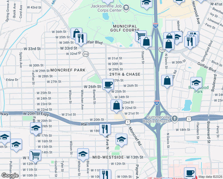 map of restaurants, bars, coffee shops, grocery stores, and more near 1266 West 26th Street in Jacksonville