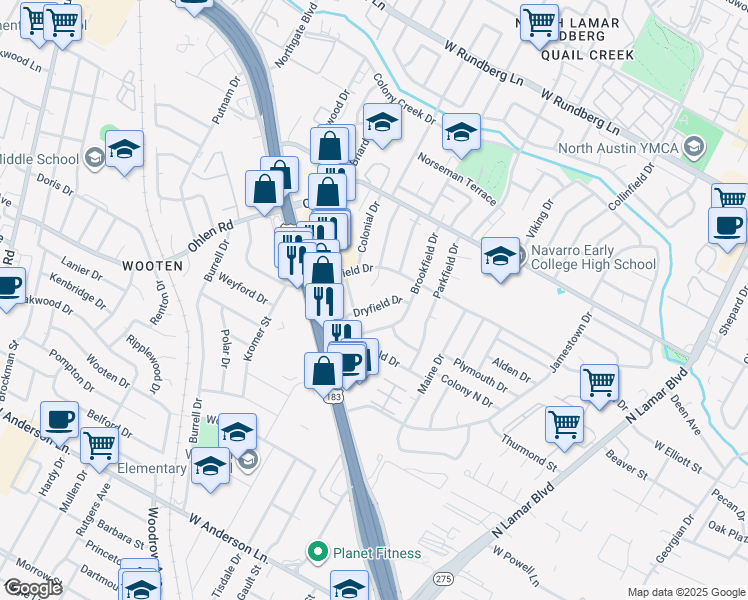 map of restaurants, bars, coffee shops, grocery stores, and more near 8505 Remington Lane in Austin