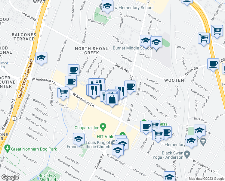 map of restaurants, bars, coffee shops, grocery stores, and more near 8001 Pinedale Cove in Austin