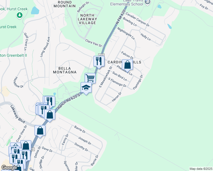 map of restaurants, bars, coffee shops, grocery stores, and more near 404 Hummingbird Lane in Austin