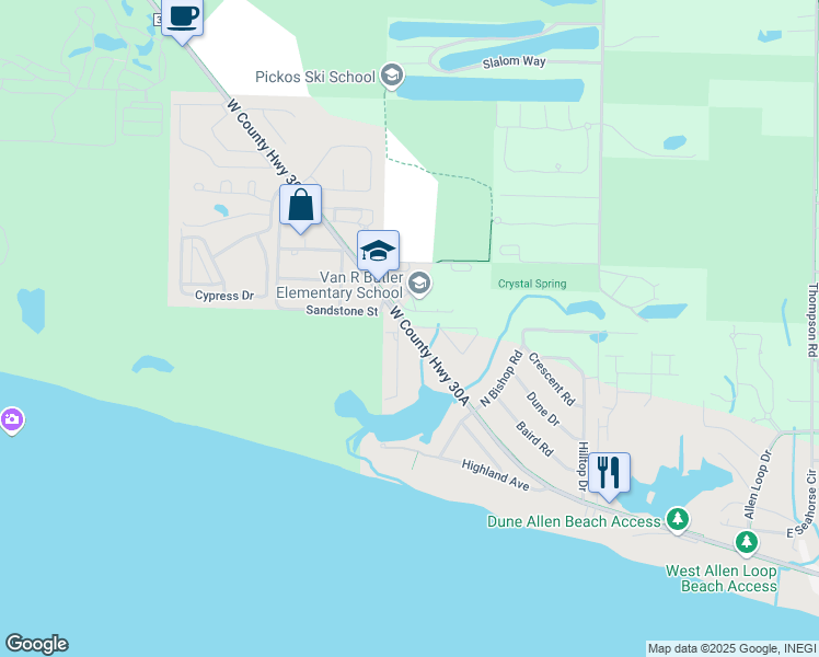 map of restaurants, bars, coffee shops, grocery stores, and more near 6696 West County Highway 30A in Santa Rosa Beach