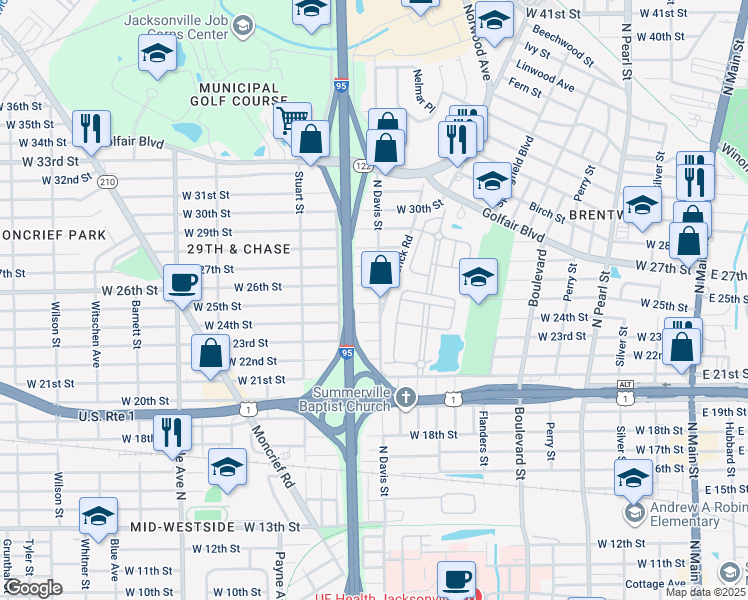 map of restaurants, bars, coffee shops, grocery stores, and more near 3504 North Davis Street in Jacksonville
