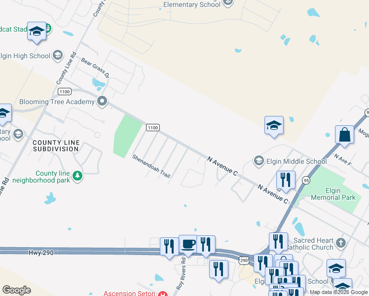 map of restaurants, bars, coffee shops, grocery stores, and more near 101 Cavalry Trail in Elgin