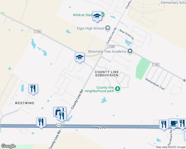 map of restaurants, bars, coffee shops, grocery stores, and more near 106 Burnet Forest Cove in Elgin