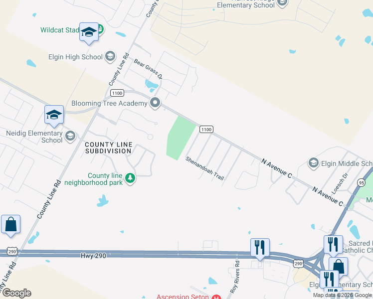 map of restaurants, bars, coffee shops, grocery stores, and more near 126 Shenandoah Trail in Elgin
