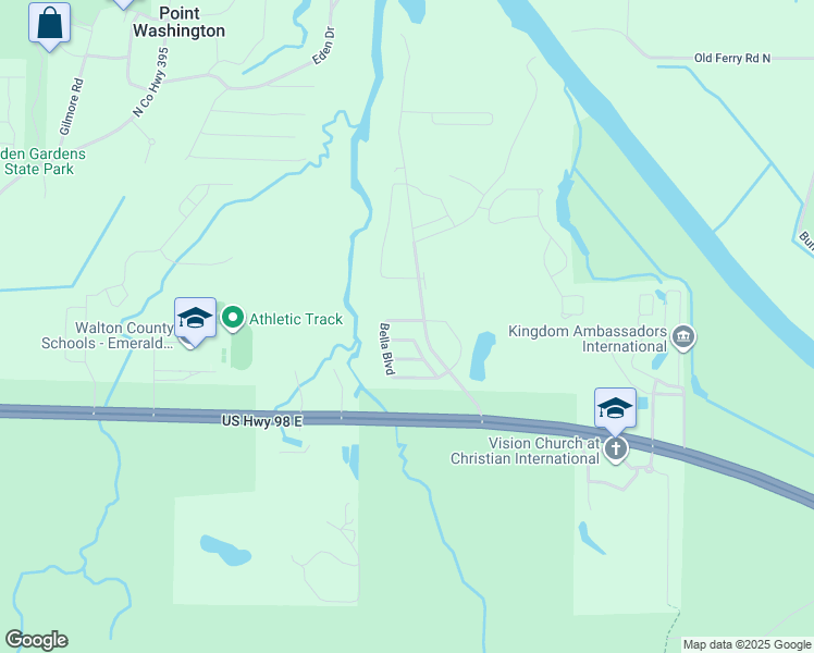 map of restaurants, bars, coffee shops, grocery stores, and more near 326 Bella Boulevard in Santa Rosa Beach