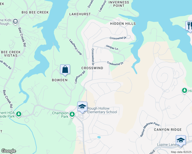 map of restaurants, bars, coffee shops, grocery stores, and more near 3209 Crosswind Drive in Spicewood