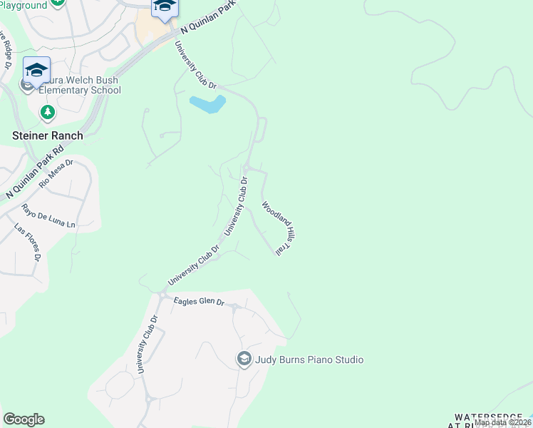map of restaurants, bars, coffee shops, grocery stores, and more near 11612 Woodland Hills Trail in Austin