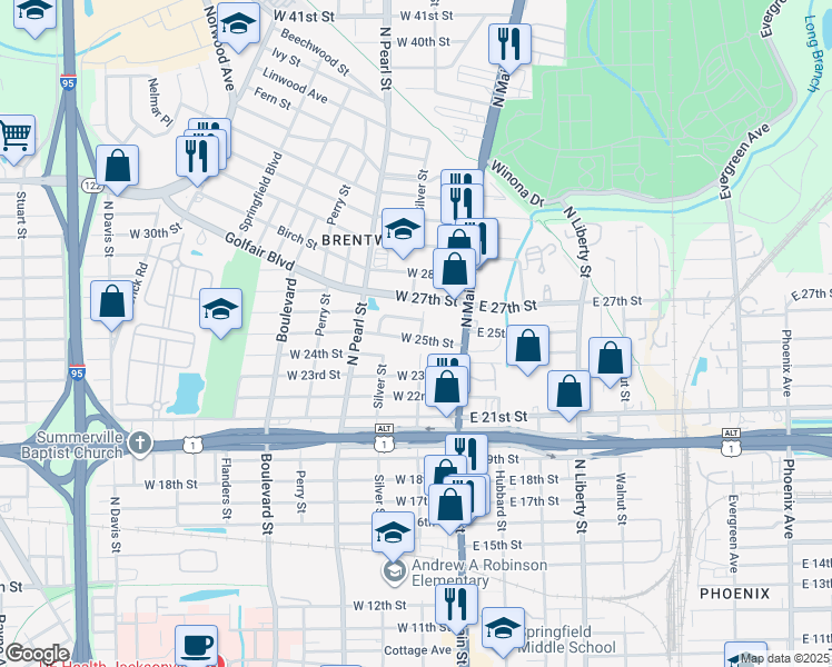 map of restaurants, bars, coffee shops, grocery stores, and more near 105 West 25th Street in Jacksonville
