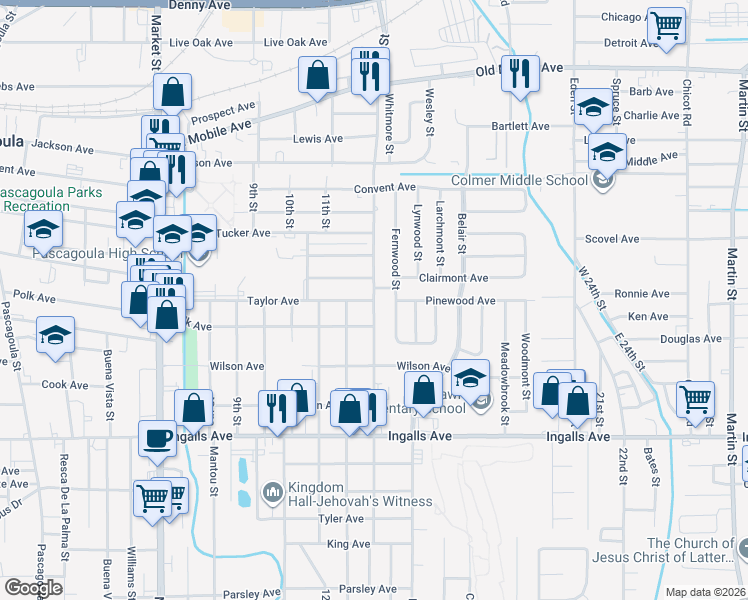 map of restaurants, bars, coffee shops, grocery stores, and more near 2402 Happy Avenue in Pascagoula