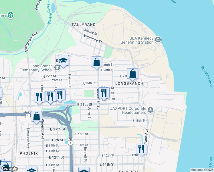 map of restaurants, bars, coffee shops, grocery stores, and more near 1751 East 24th Street in Jacksonville