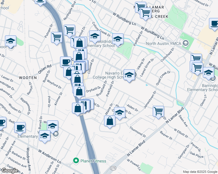map of restaurants, bars, coffee shops, grocery stores, and more near 8606 Parkfield Drive in Austin