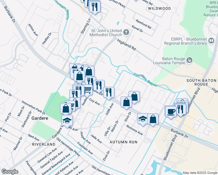 map of restaurants, bars, coffee shops, grocery stores, and more near 9425 Burbank Drive in Baton Rouge
