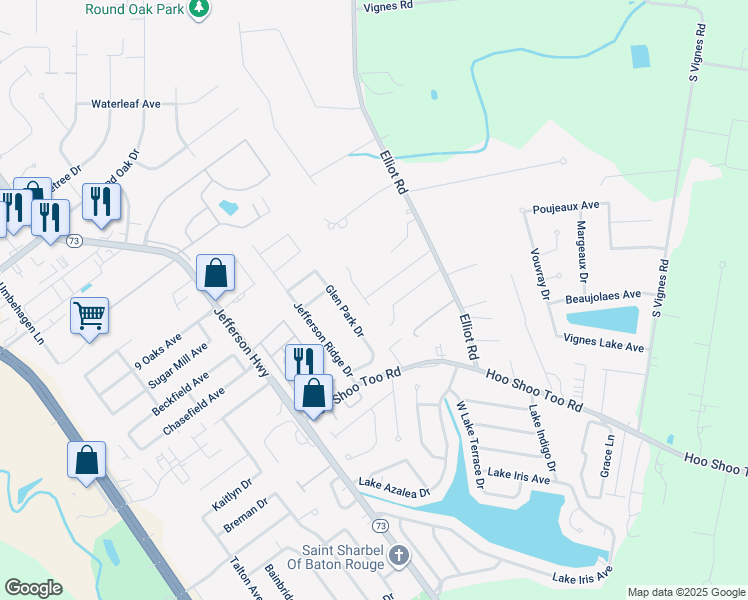 map of restaurants, bars, coffee shops, grocery stores, and more near 17512 Barrett Lane in Baton Rouge