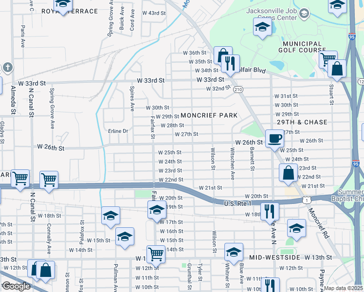 map of restaurants, bars, coffee shops, grocery stores, and more near 1638 West 26th Street in Jacksonville