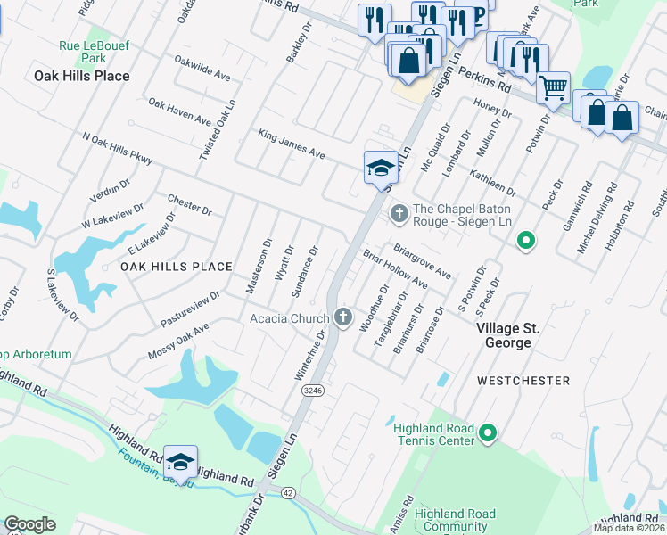 map of restaurants, bars, coffee shops, grocery stores, and more near 1216 Cornerstone Drive in Baton Rouge