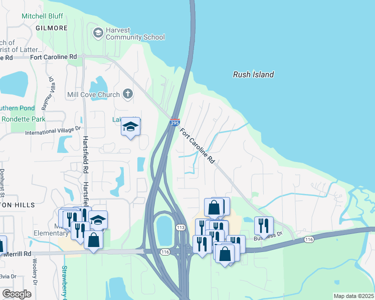 map of restaurants, bars, coffee shops, grocery stores, and more near 3621 Gilmore Heights Road North in Jacksonville