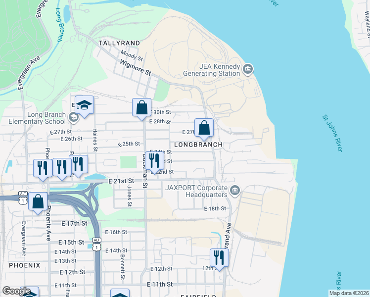 map of restaurants, bars, coffee shops, grocery stores, and more near 1823 East 24th Street in Jacksonville