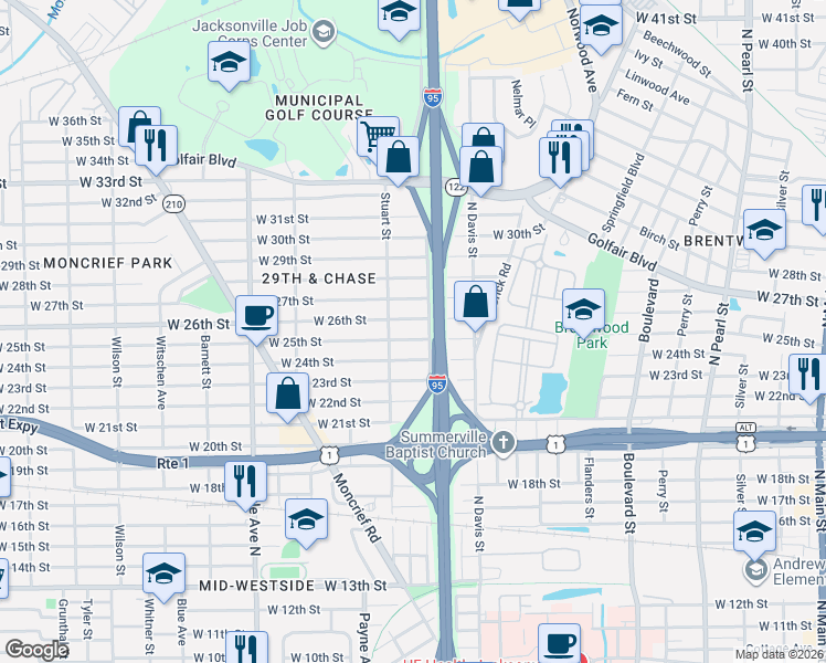 map of restaurants, bars, coffee shops, grocery stores, and more near 3516 North Lee Street in Jacksonville
