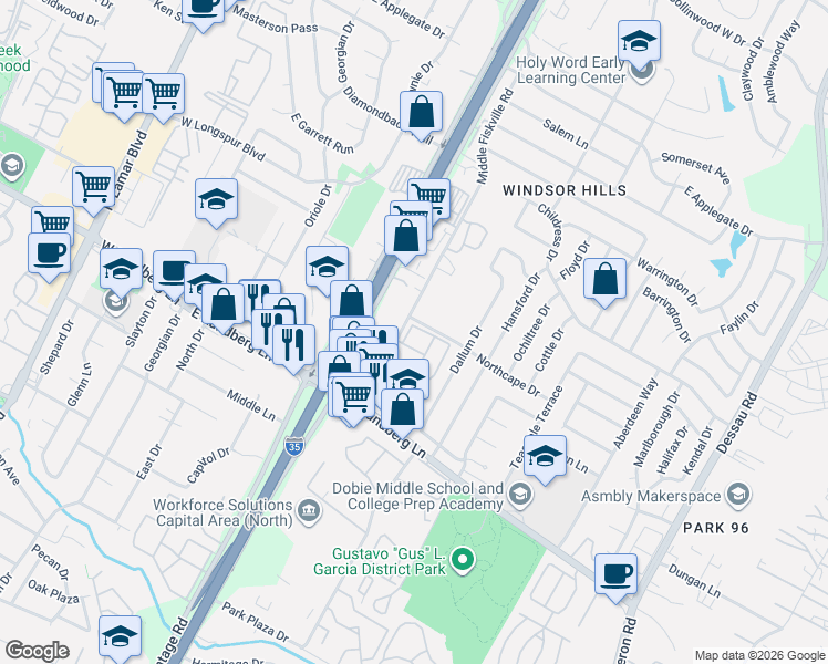 map of restaurants, bars, coffee shops, grocery stores, and more near 9601 Middle Fiskville Road in Austin
