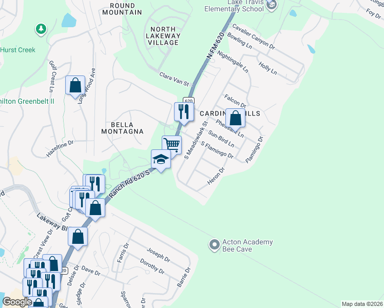 map of restaurants, bars, coffee shops, grocery stores, and more near 404 Hummingbird Lane in Austin