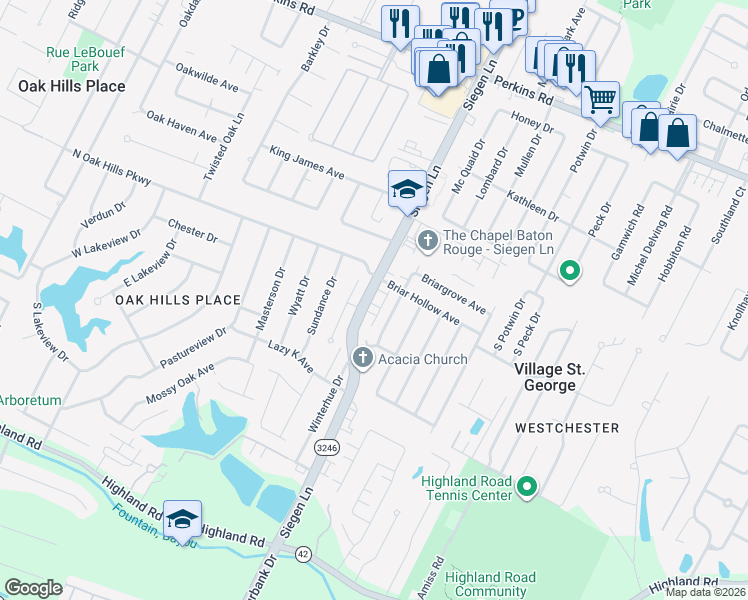 map of restaurants, bars, coffee shops, grocery stores, and more near 1417 Quail Hollow Drive in Baton Rouge