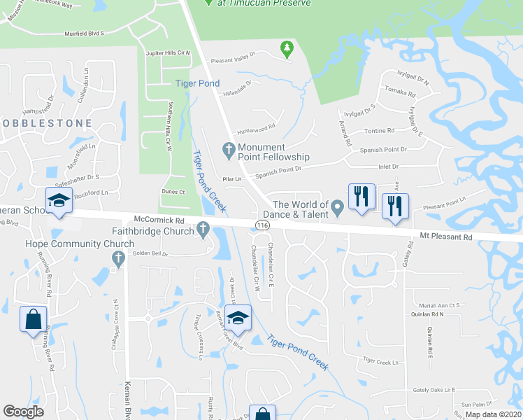 map of restaurants, bars, coffee shops, grocery stores, and more near 2631 McCormick Woods Drive in Jacksonville