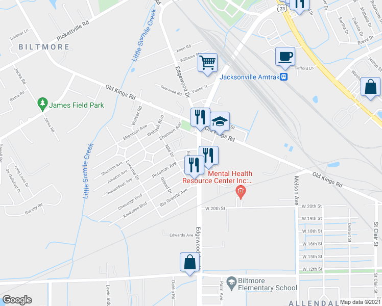 map of restaurants, bars, coffee shops, grocery stores, and more near 5050 Shenandoah Avenue in Jacksonville