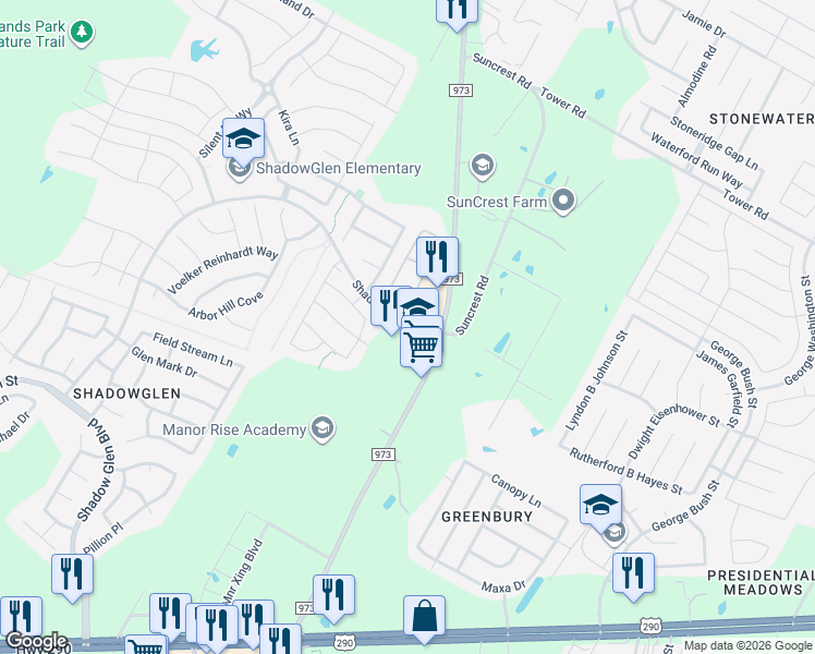 map of restaurants, bars, coffee shops, grocery stores, and more near 12500 Shadowglen Trace in Manor
