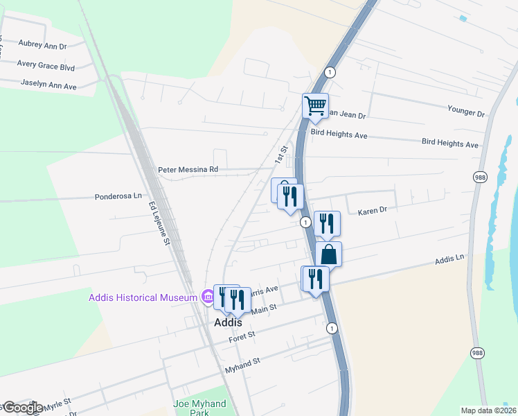 map of restaurants, bars, coffee shops, grocery stores, and more near 7531 1st Street in Addis