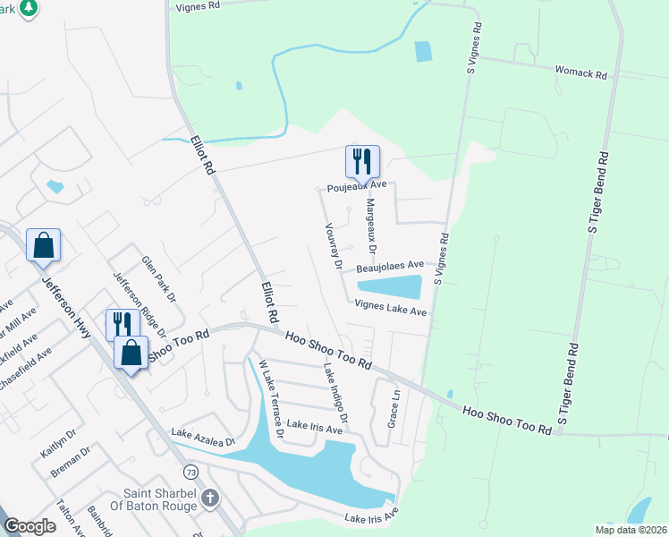 map of restaurants, bars, coffee shops, grocery stores, and more near 9736 Vouvray Drive in Baton Rouge