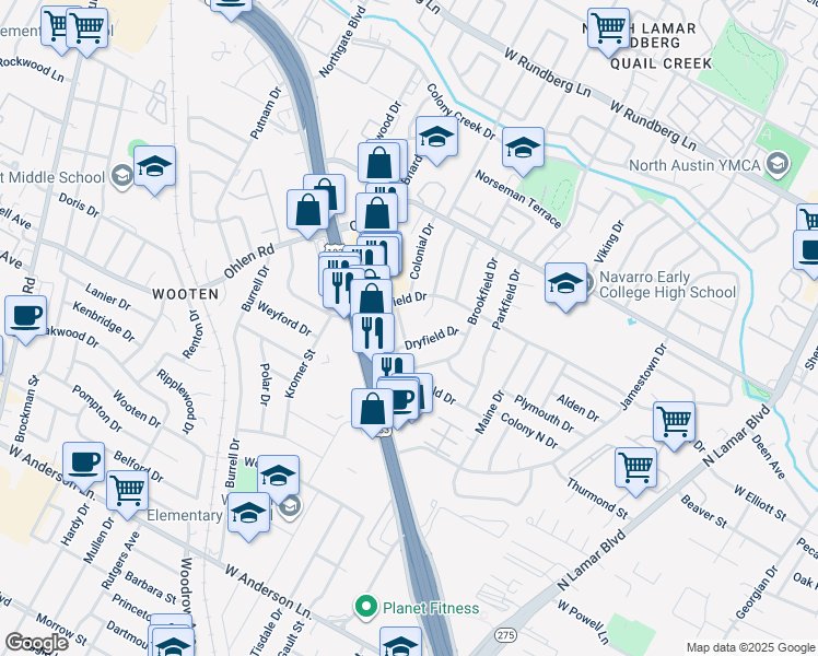 map of restaurants, bars, coffee shops, grocery stores, and more near 8505 Remington Lane in Austin