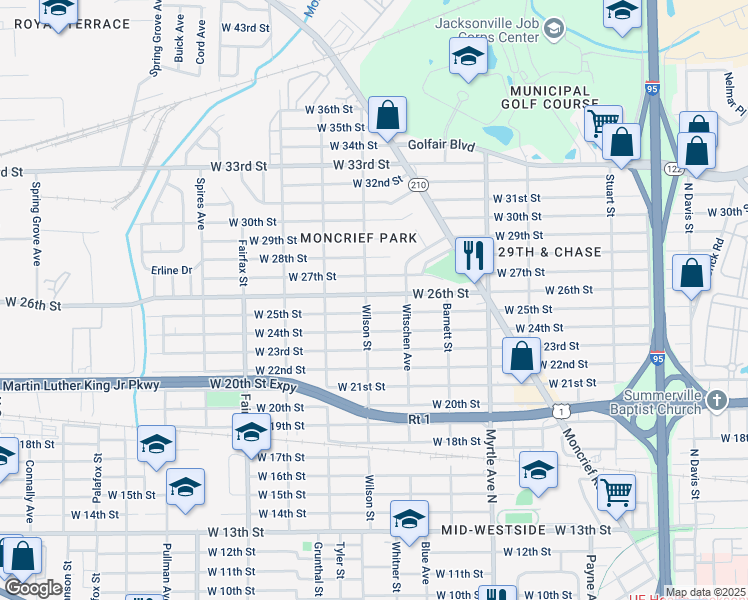 map of restaurants, bars, coffee shops, grocery stores, and more near 1522 West 26th Street in Jacksonville
