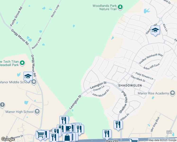 map of restaurants, bars, coffee shops, grocery stores, and more near 16604 Christina Garza Drive in Manor