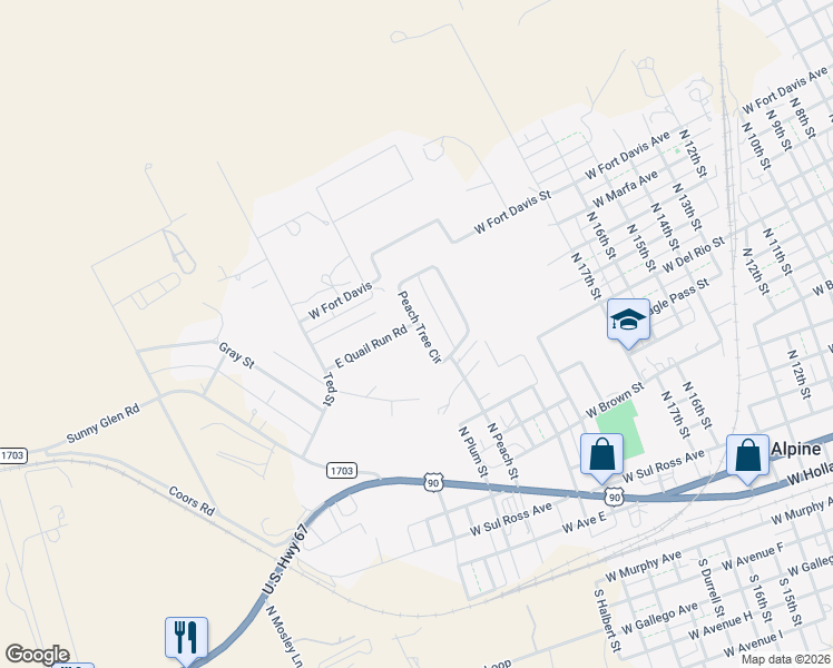 map of restaurants, bars, coffee shops, grocery stores, and more near 71 East Quail Run Road in Alpine