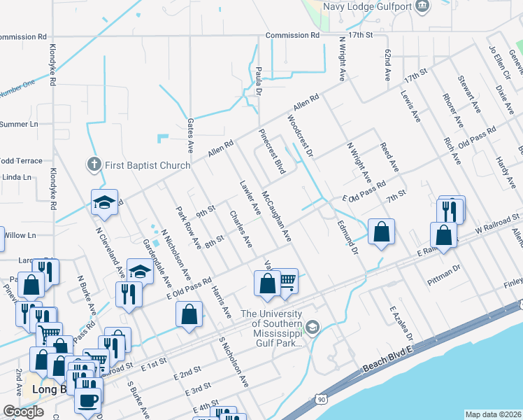 map of restaurants, bars, coffee shops, grocery stores, and more near 314 Lawler Avenue in Long Beach