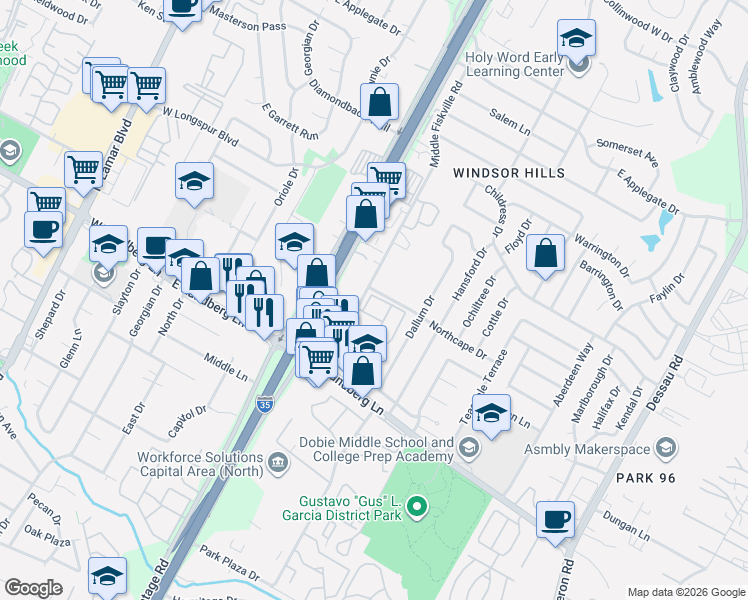 map of restaurants, bars, coffee shops, grocery stores, and more near 9601 Middle Fiskville Road in Austin