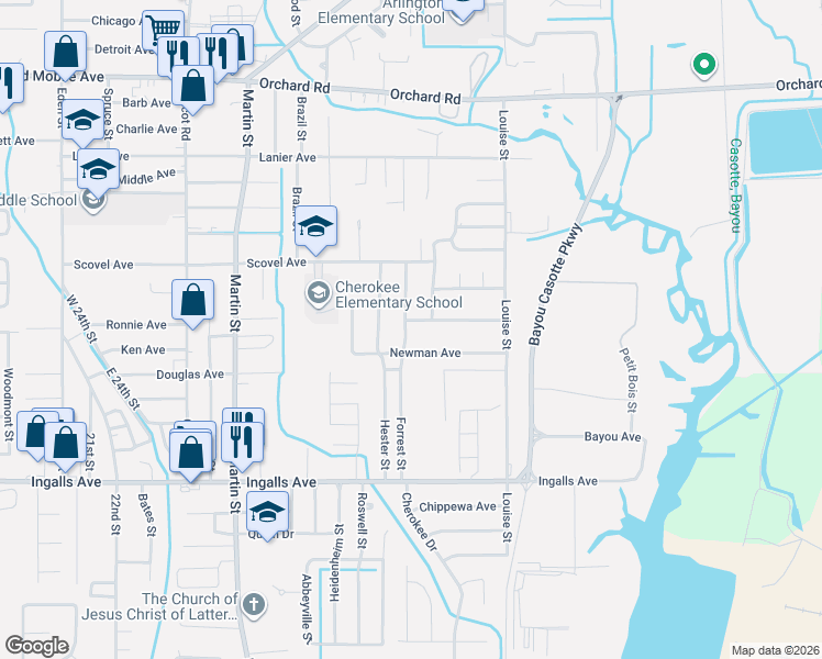 map of restaurants, bars, coffee shops, grocery stores, and more near 4508 New Hope Ave in Pascagoula